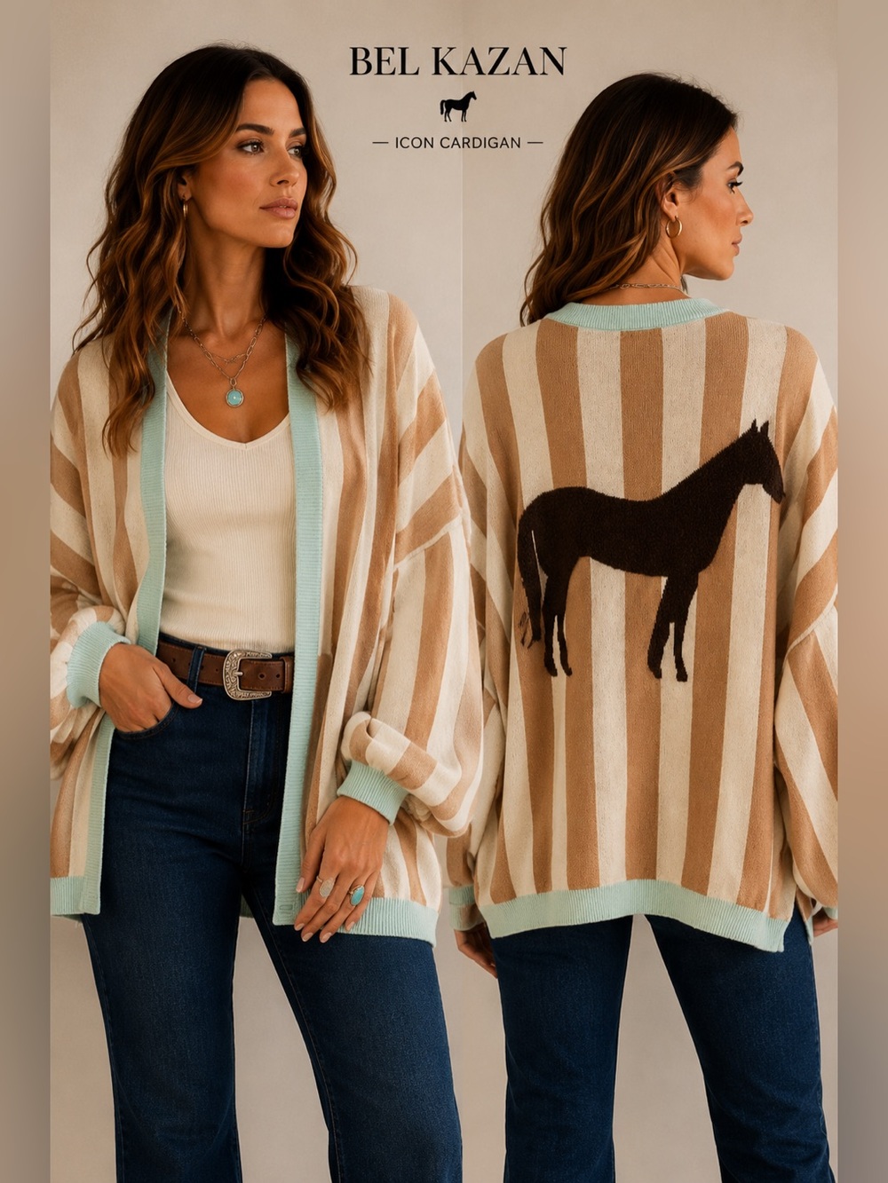 Bel Kazan Open Front Cardigan Sweater OS Horse Striped Anthropologie Boho Ranch